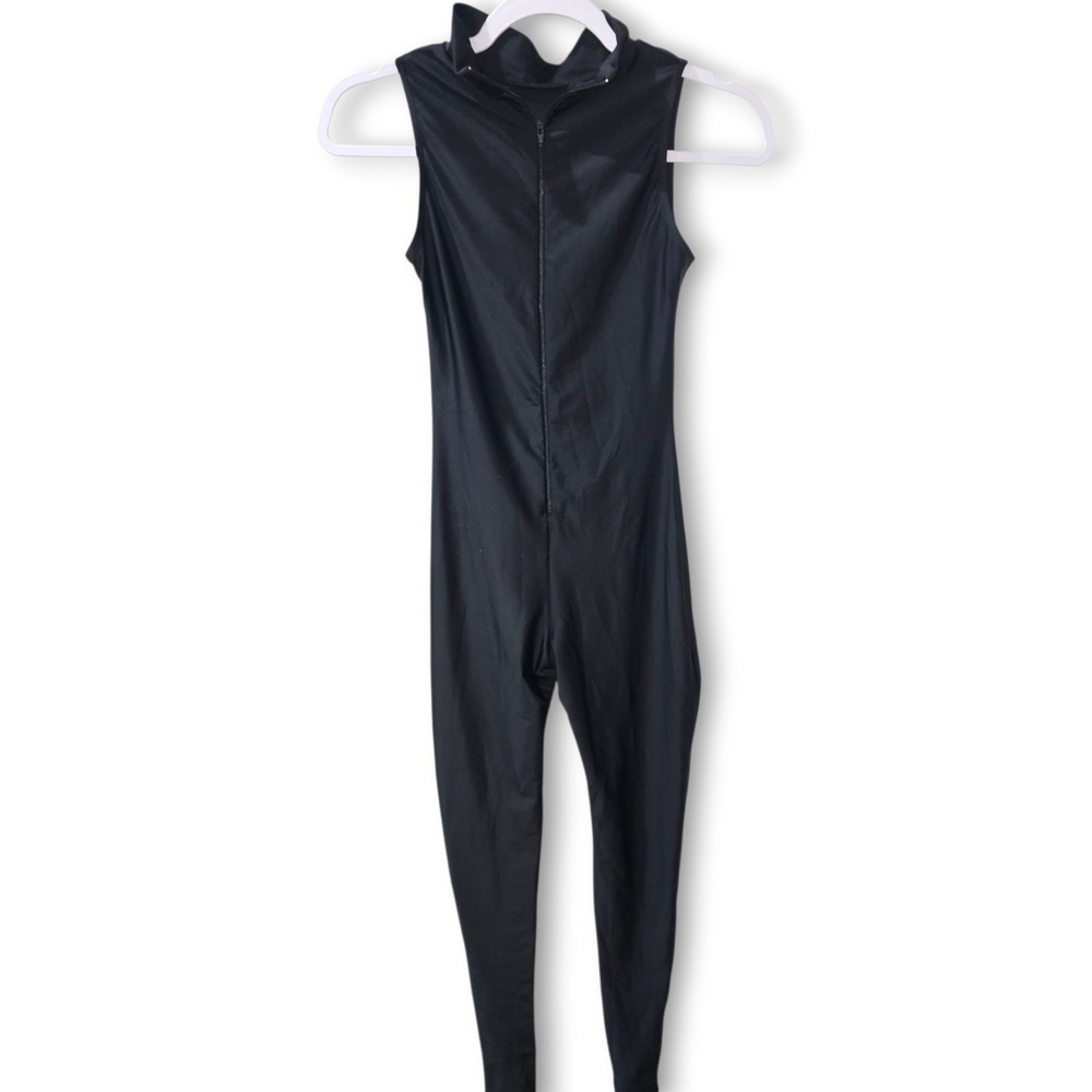 Womens‎  Goth Mock Neck Black Sleeveless Jumpsuit Front Zip Stretch Bodycon S